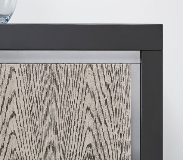 Umbra grey case with open shelf, plain-sliced white oak , grey ceruse, polished chrome metal reveal