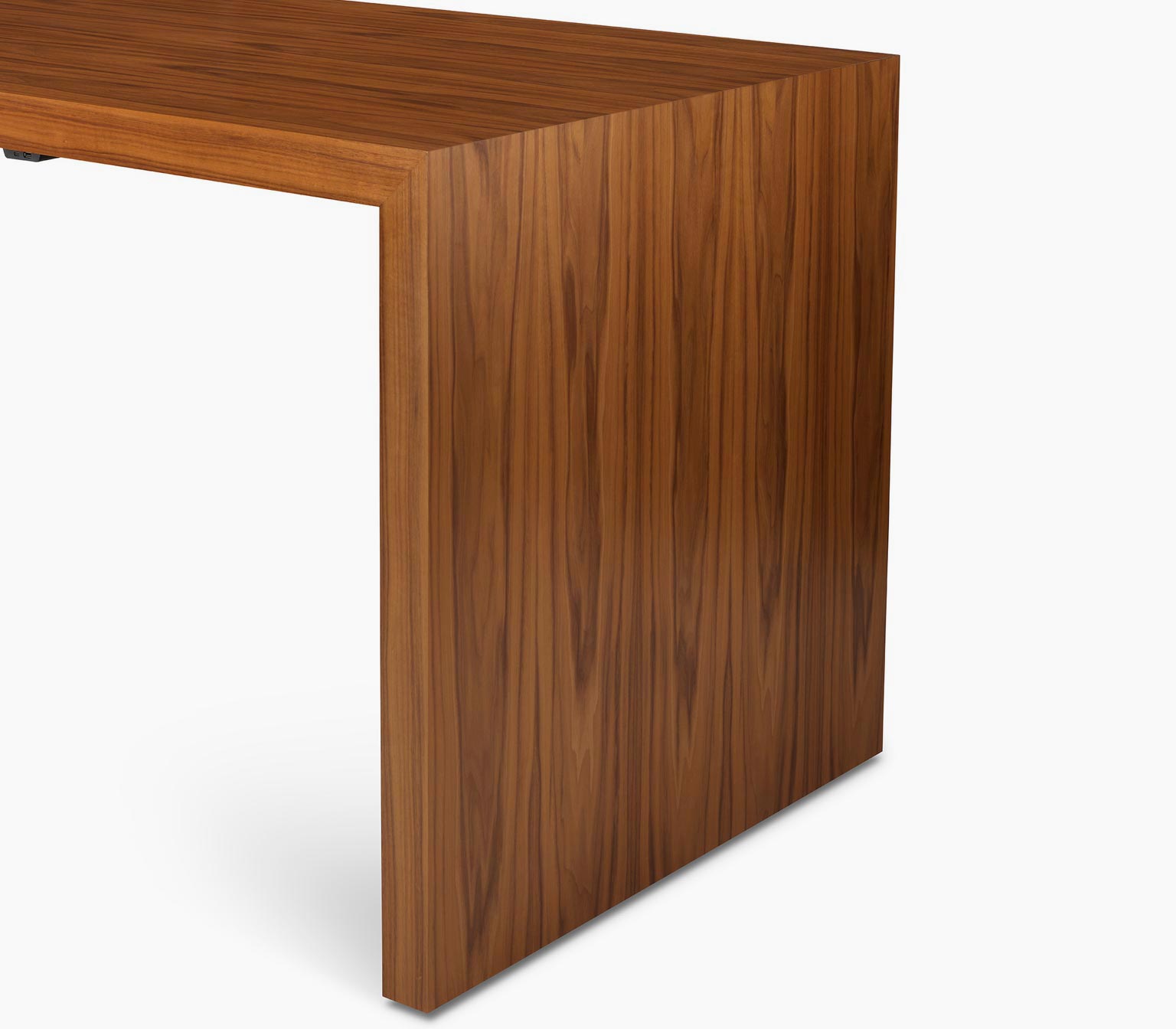 Edge detail view of a bar-height JD Waterfall Table in walnut