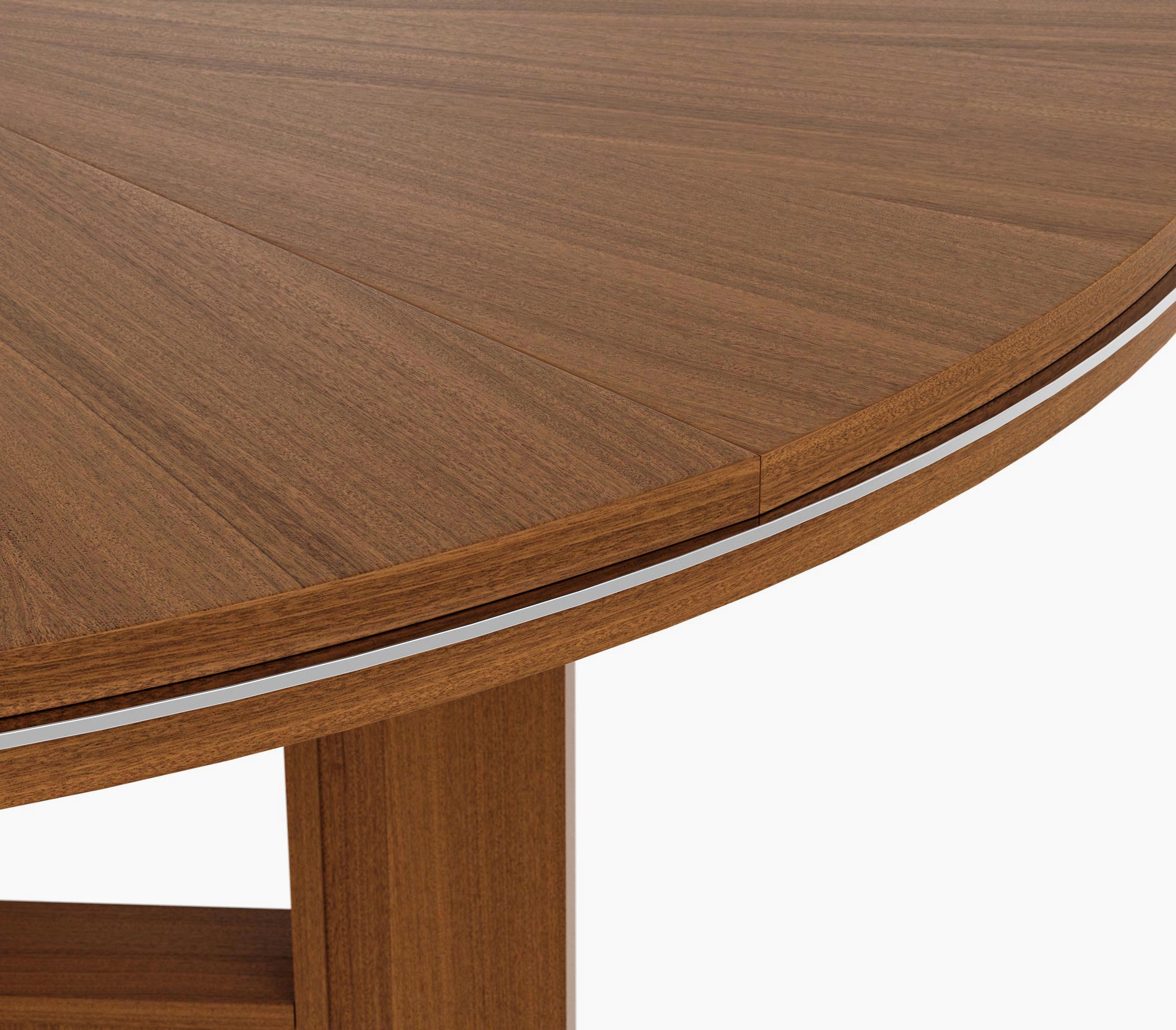 Edge detail on a circular Highline Fifty Meeting Table in natural quarter cut walnut with polished chrome details