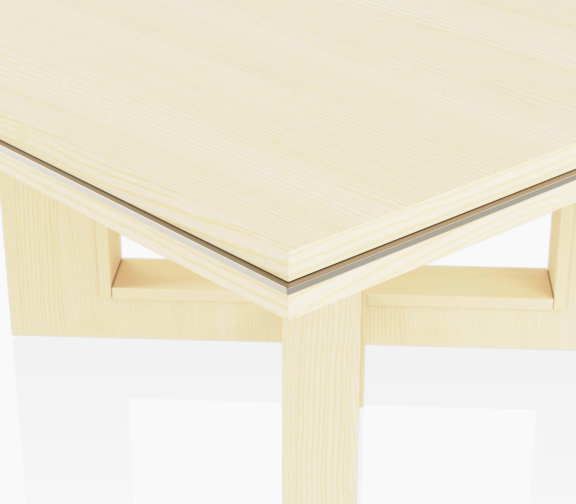 Edge detail of a square Highline Fifty Meeting Table in white quarter cut ash with satin nickel details