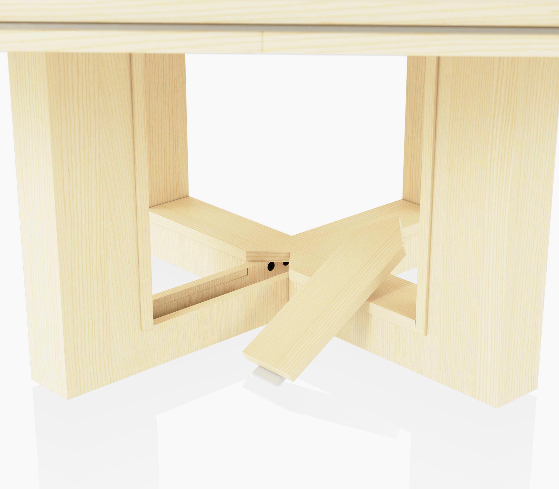 Open view of wire management leg on a Highline Fifty Meeting Table in white quarter cut ash with satin nickel details