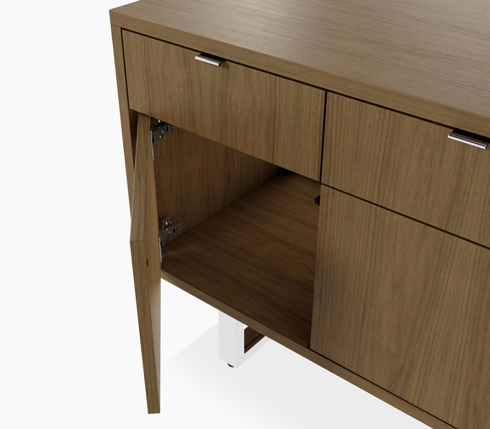 Open hinged door detail on a Highline Twenty Five Credenza in natural flat cut  walnut with a polished chrome base and drawer pulls