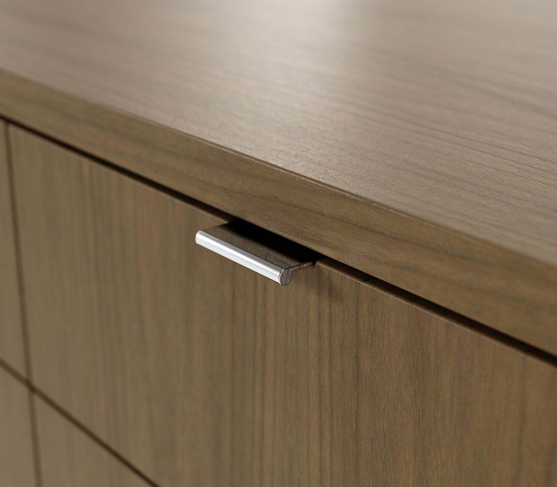 Drawer pull detail on Highline Twenty Five Credenza in natural flat cut walnut with  polished chrome pulls