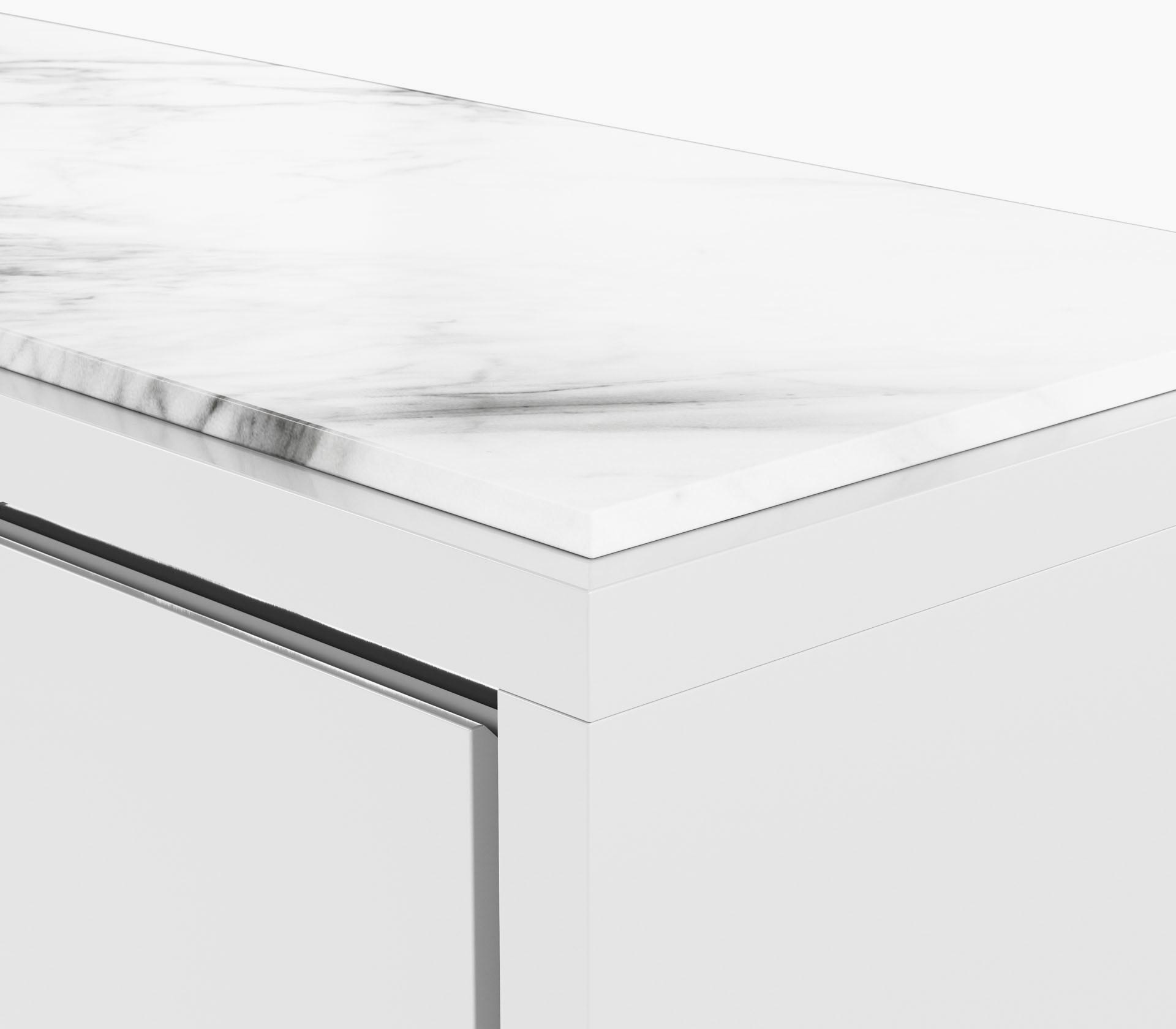 Edge detail on a Highline Fifty Credenza in white polyester with a white carrara marble top and polished chrome metal trim