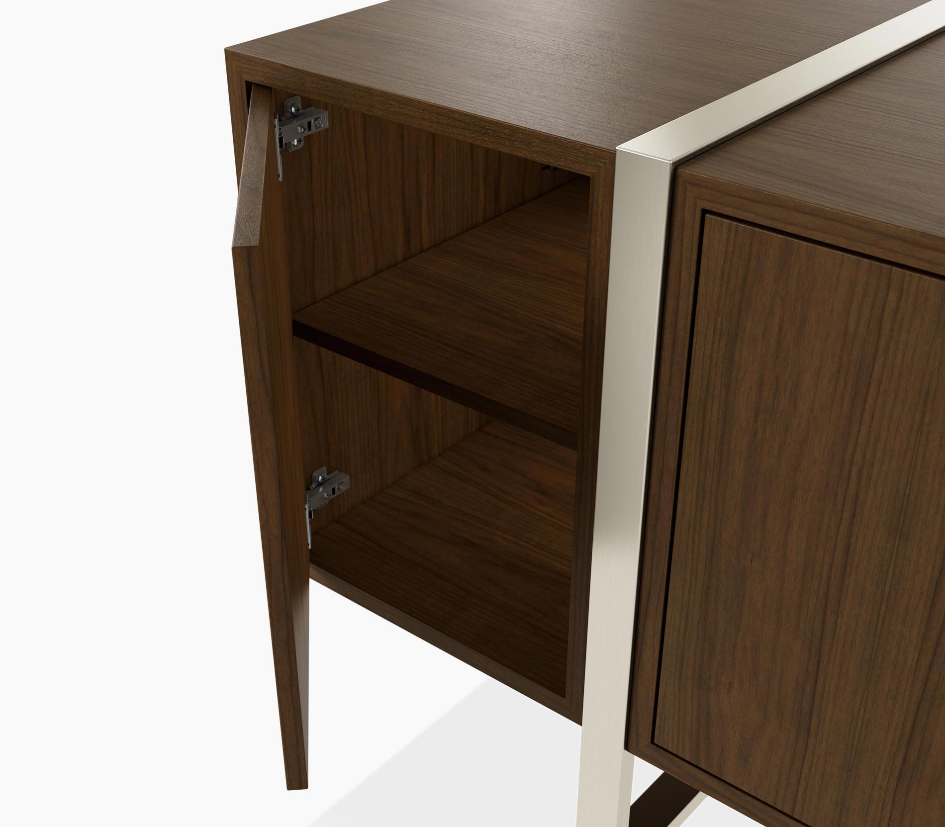 Open hinged door on a Highline Credenza in natural flat cut walnut