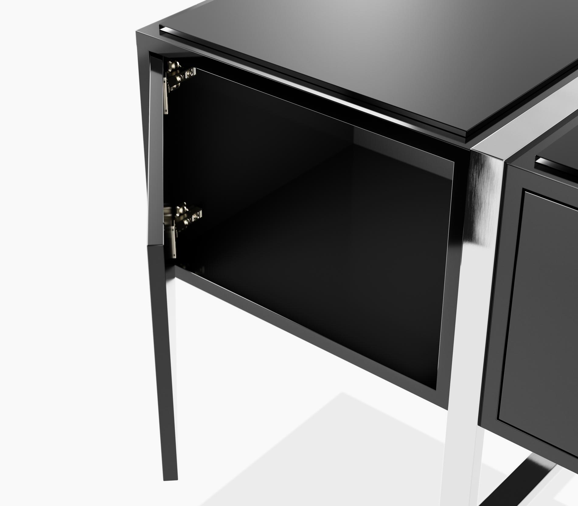 Open cabinet on a Highline Credenza in black polyester with a clear black back painted glass top and polished chrome legs