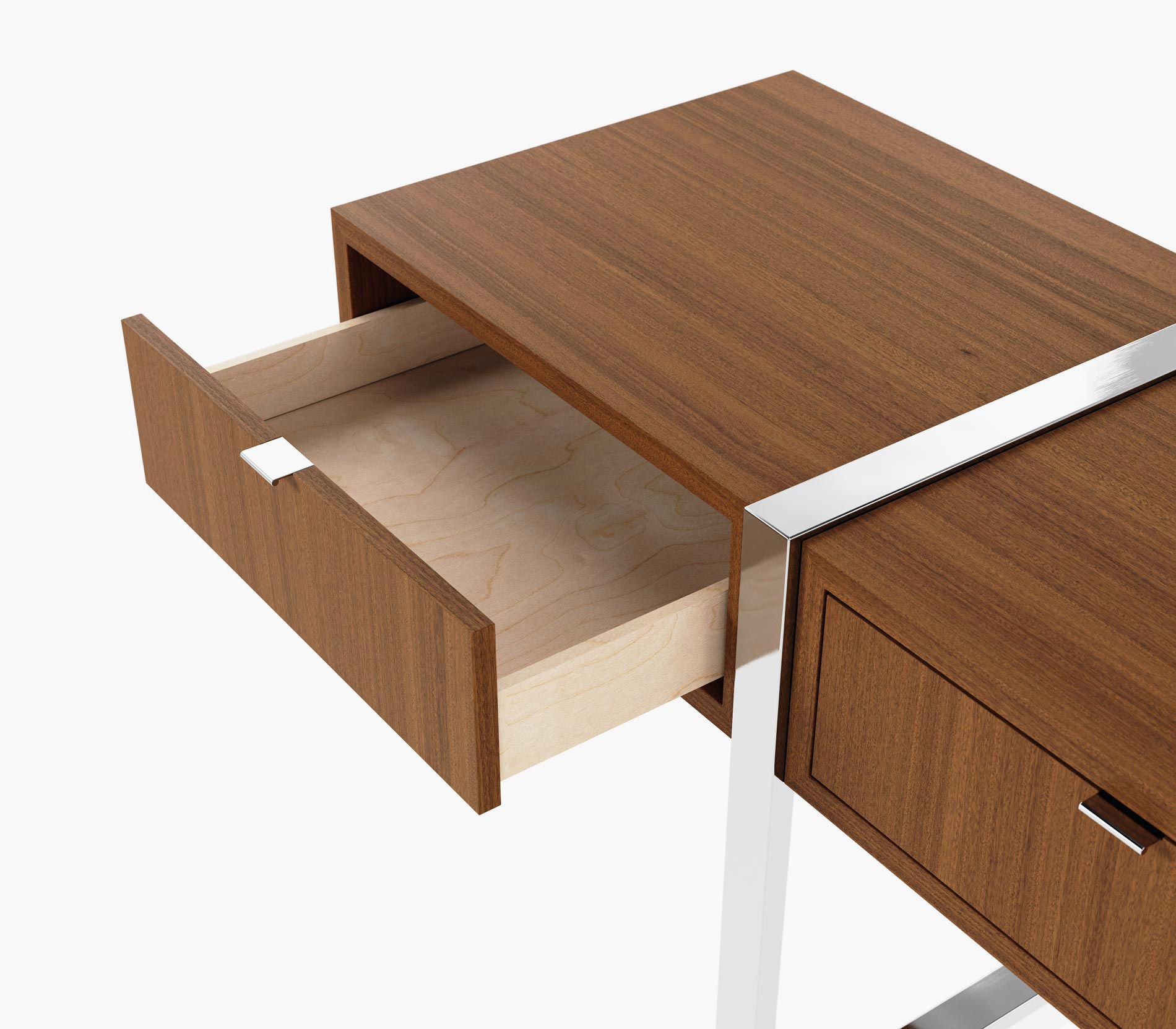 Open drawer on a Highline Credenza in natural quarter cut walnut with polished chrome legs and pull tabs