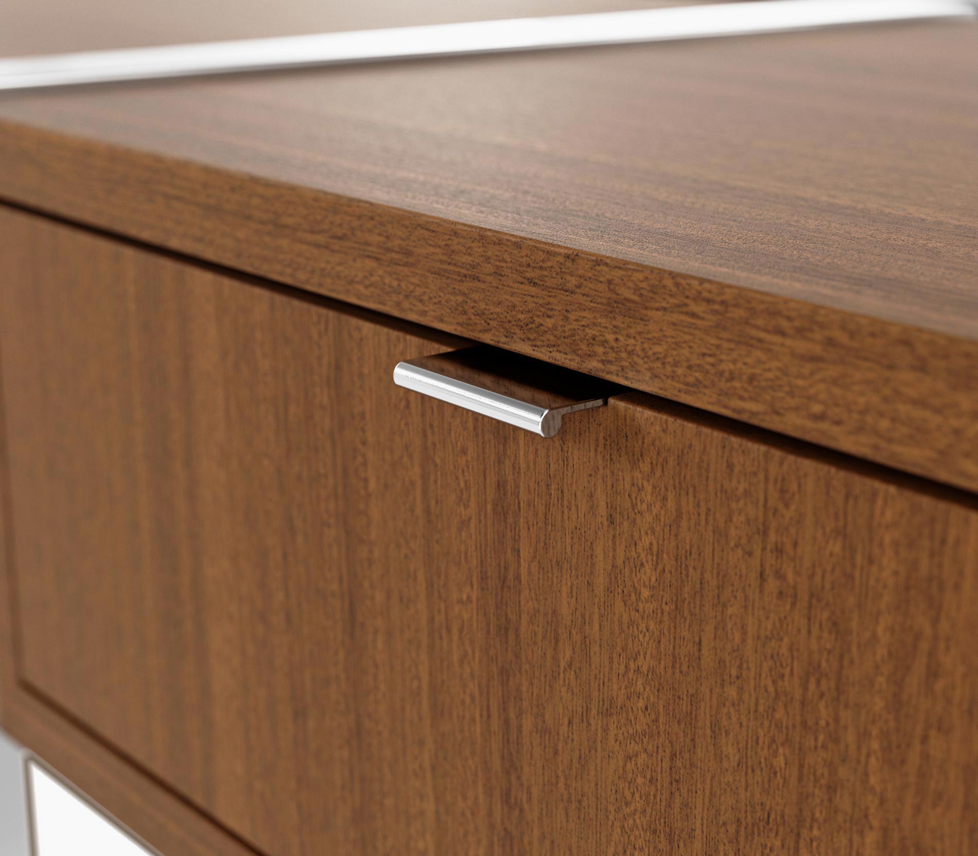 Pull tab on a Highline Credenza in natural quarter cut walnut