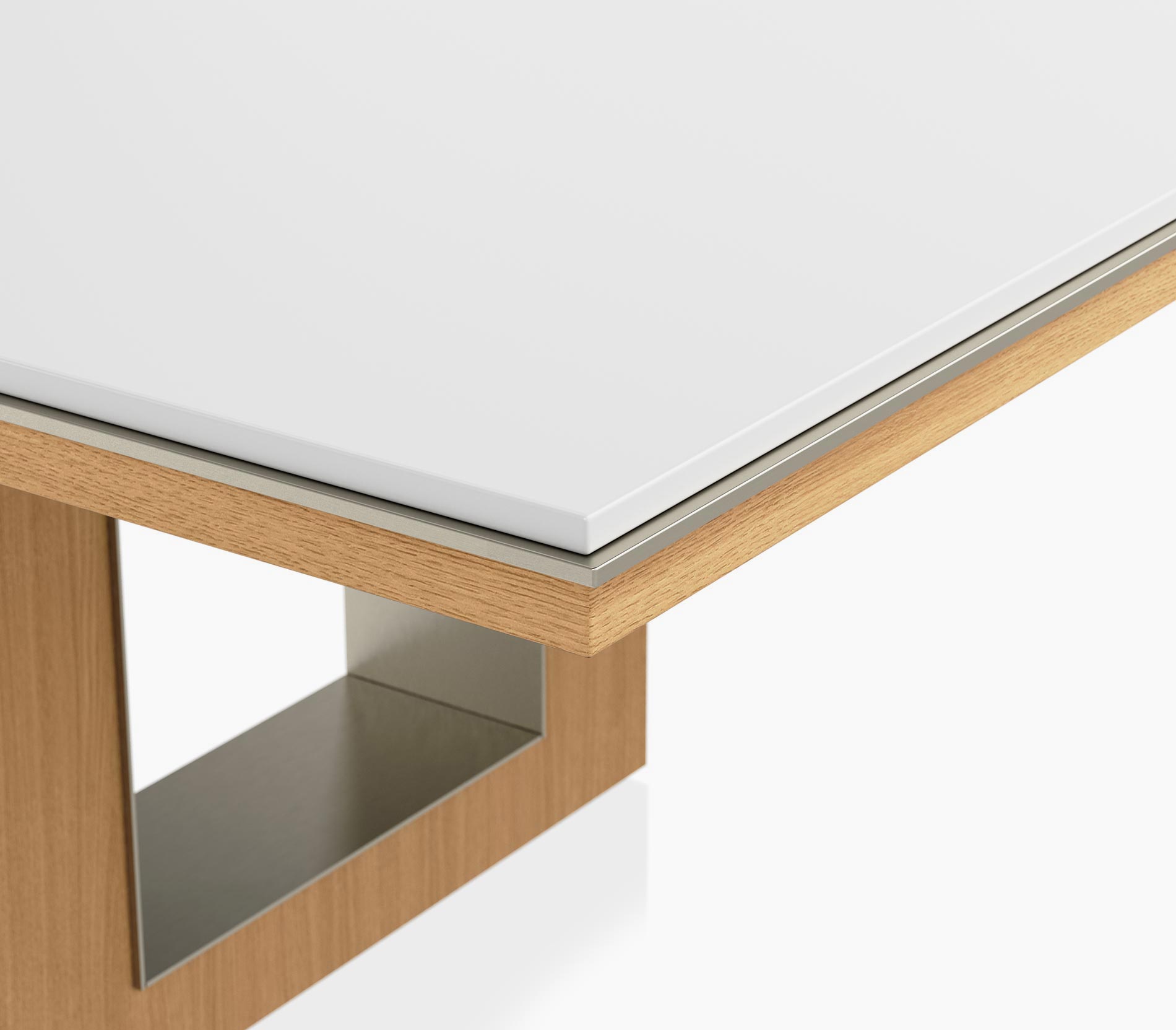 Edge detail on a Highline Fifty Conference Table in glacier white corian and natural rift cut oak