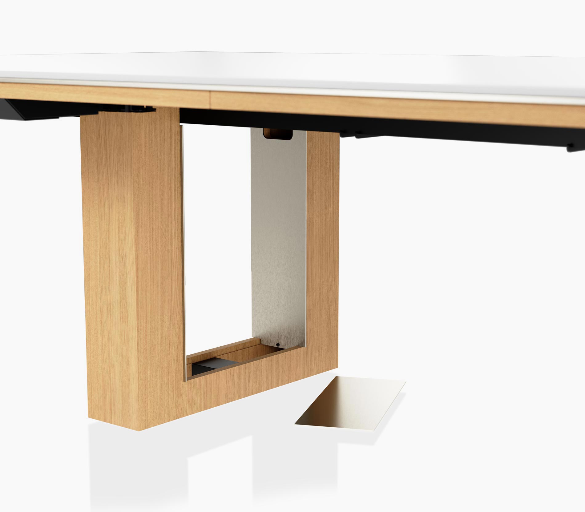 Open wire management leg detail on Highline Fifty Conference Table by DatesWeiser in glacier white corian and natural rift cut oak