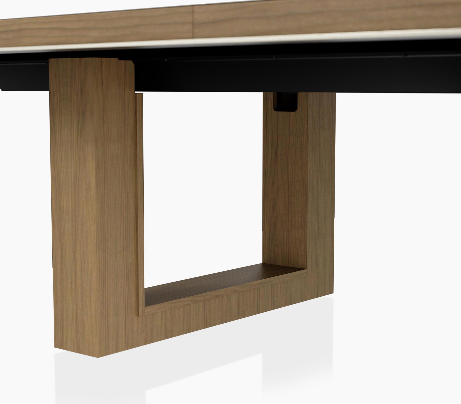 Base detail of a Highline Fifty Conference Table in natural flat cut walnut with a satin nickel edge