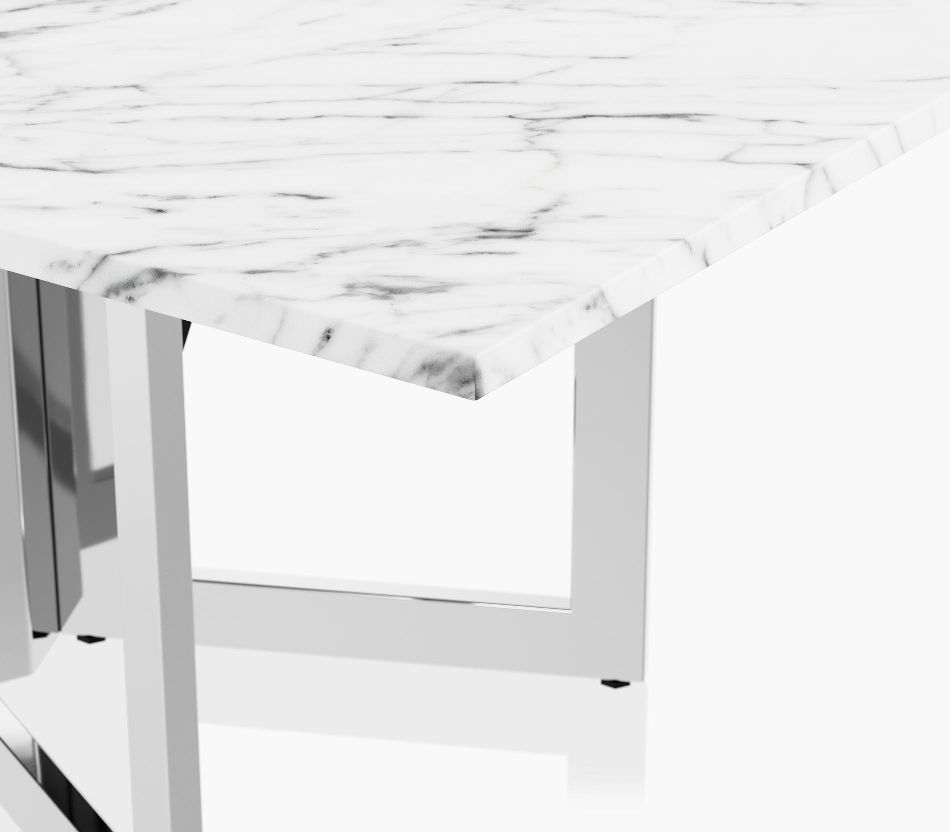 Edge detail on a Highline Vector Conference Table in arabescato corchia marble with a polished chrome base